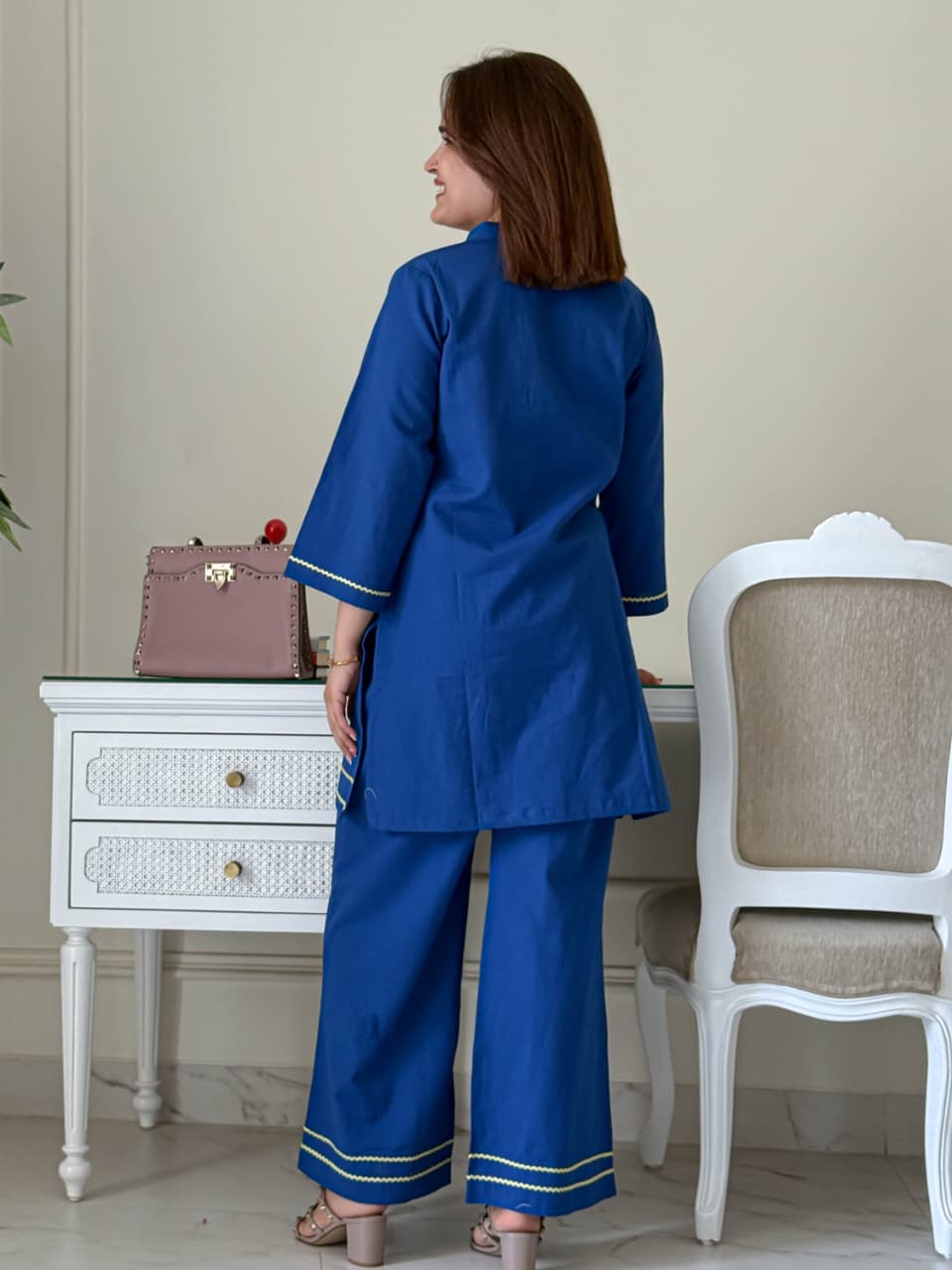 Women Blue Cotton Lace detailing Co-Ord set