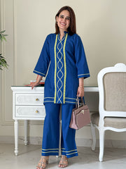 Women Blue Cotton Lace detailing Co-Ord set