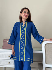 Women Blue Cotton Lace detailing Co-Ord set
