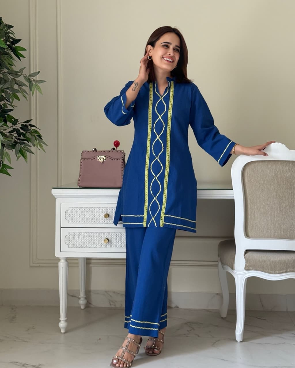 Women Blue Cotton Lace detailing Co-Ord set
