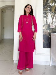 Women Pink Cotton Embroidery detailing Kurta Pant set