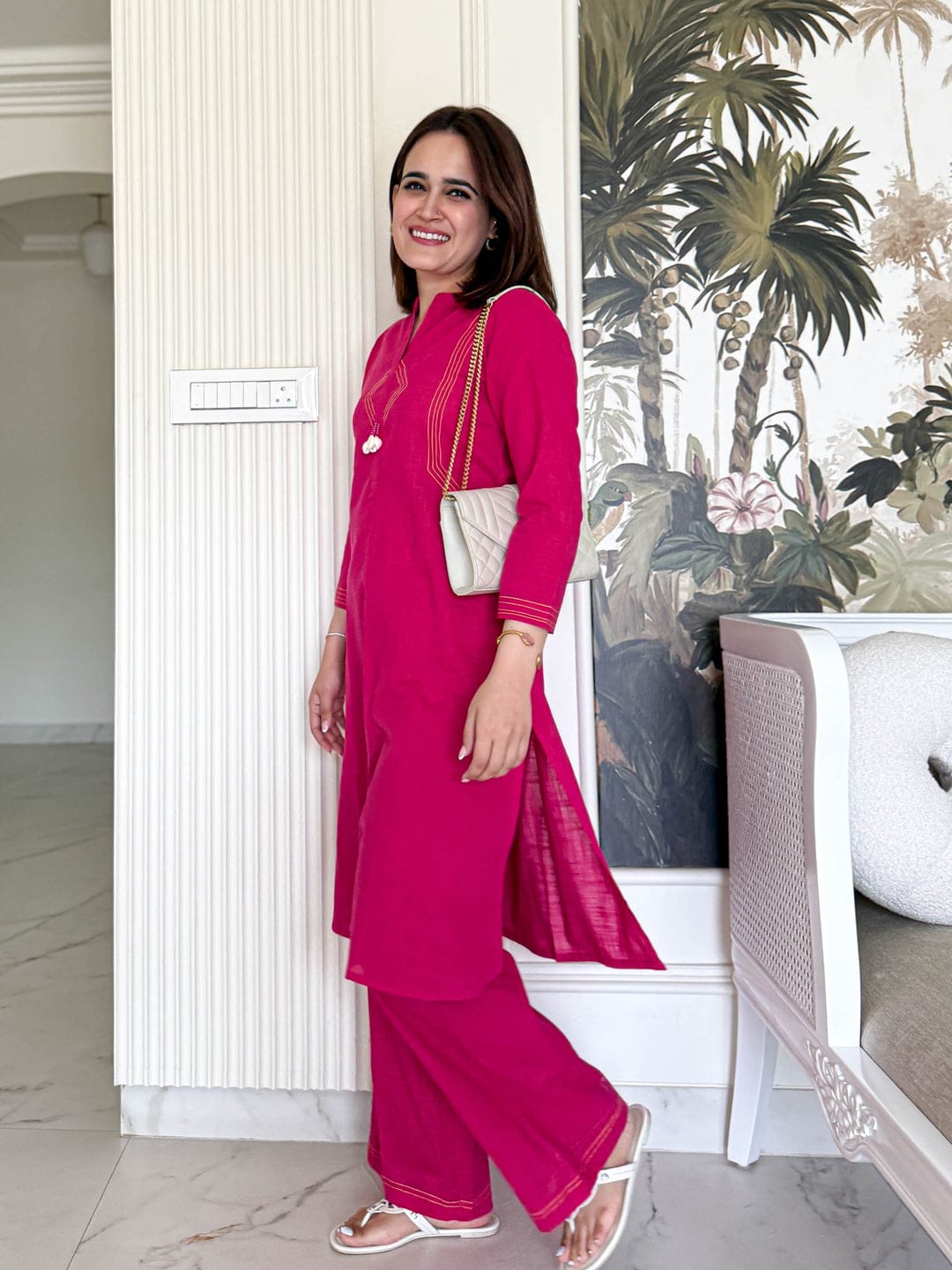 Women Pink Cotton Embroidery detailing Kurta Pant set