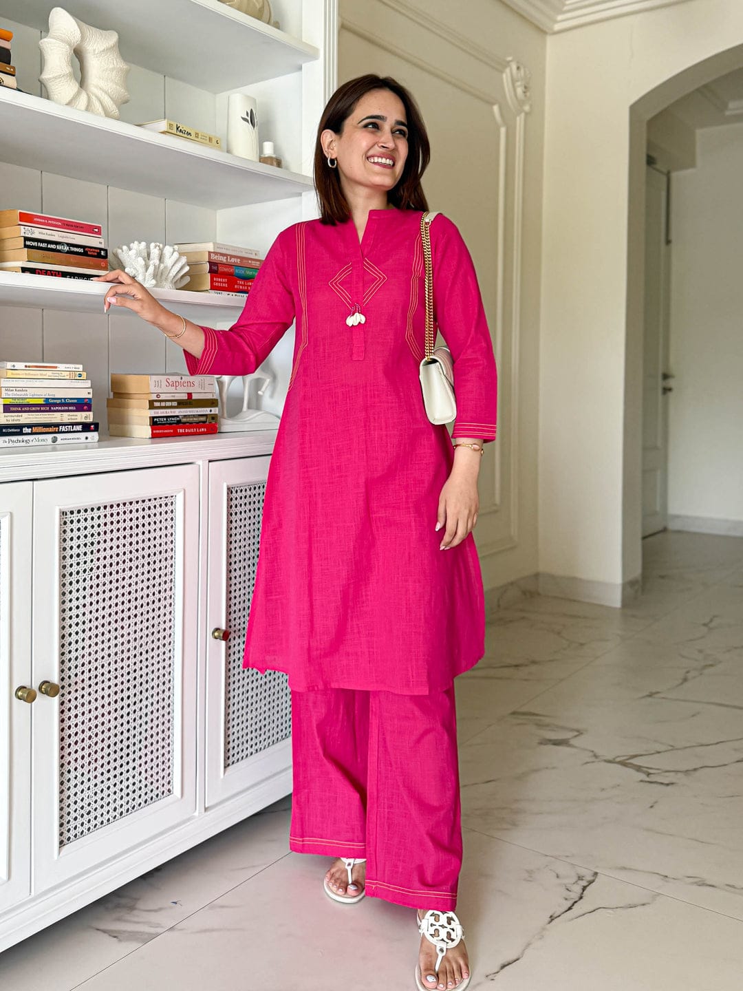 Women Pink Cotton Embroidery detailing Kurta Pant set