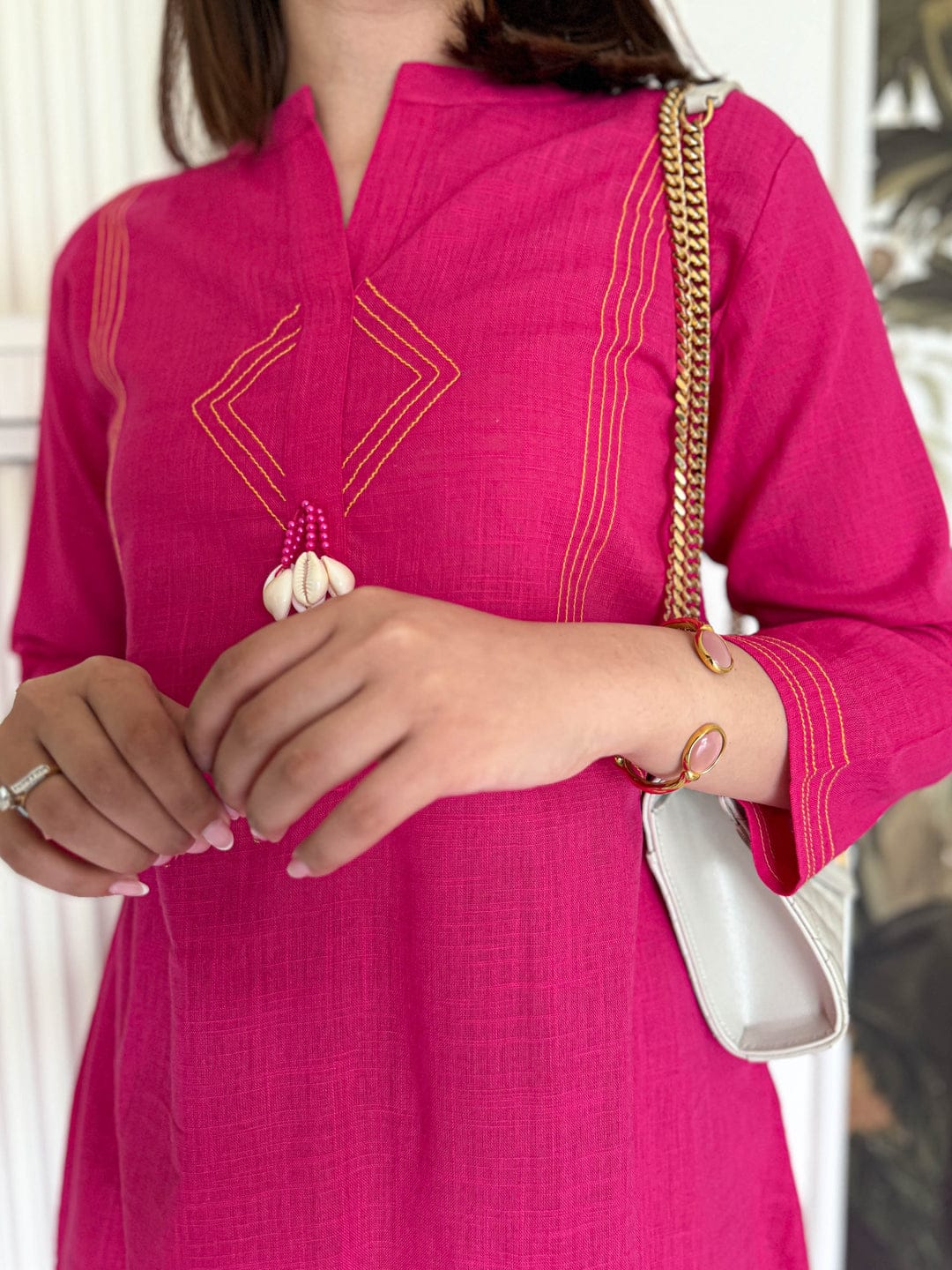 Women Pink Cotton Embroidery detailing Kurta Pant set