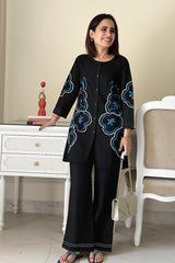 Women Black Cotton Aari Thread Detailing Co-Ord set