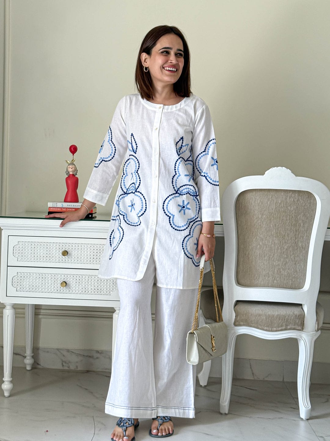 Women White Cotton Aari Thread Detailing Co-Ord set