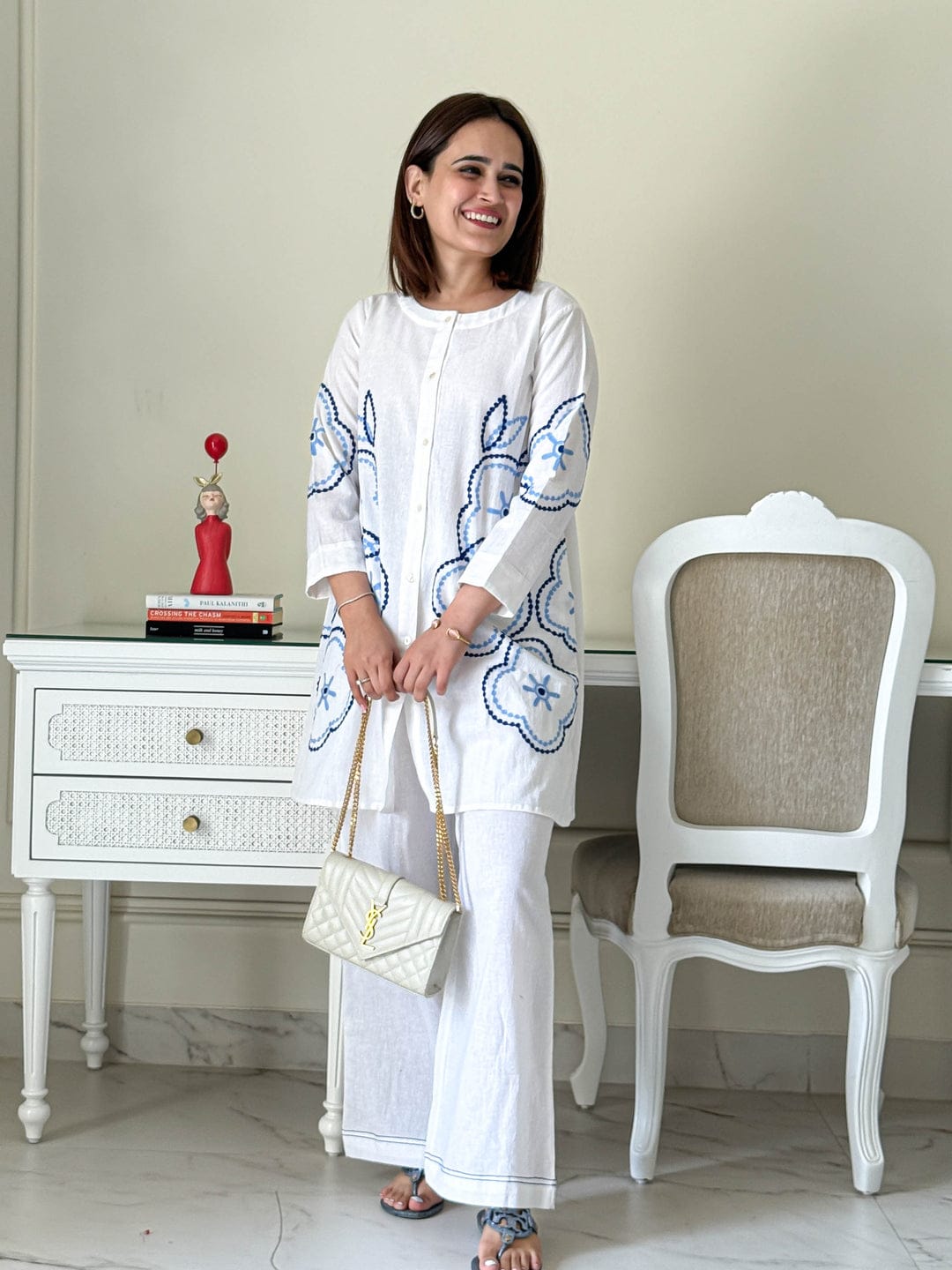 Women White Cotton Aari Thread Detailing Co-Ord set