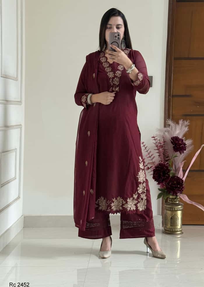 Women Maroon Cotton Embroidery GPO Lace Kurta Pant and Dupatta set