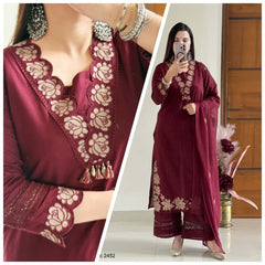 Women Maroon Cotton Embroidery GPO Lace Kurta Pant and Dupatta set