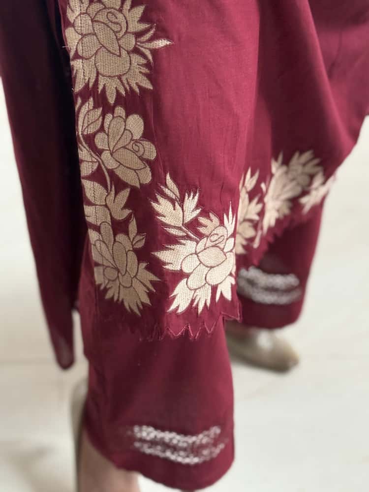 Women Maroon Cotton Embroidery GPO Lace Kurta Pant and Dupatta set