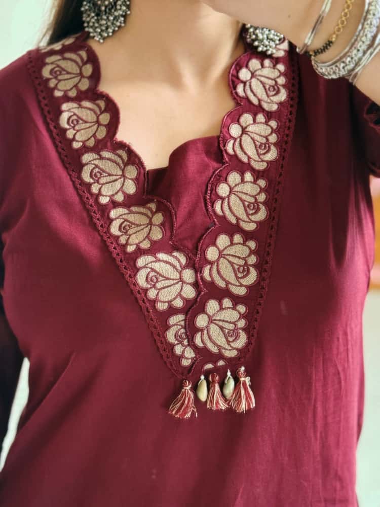 Women Maroon Cotton Embroidery GPO Lace Kurta Pant and Dupatta set