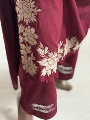 Women Maroon Cotton Embroidery GPO Lace Kurta Pant and Dupatta set