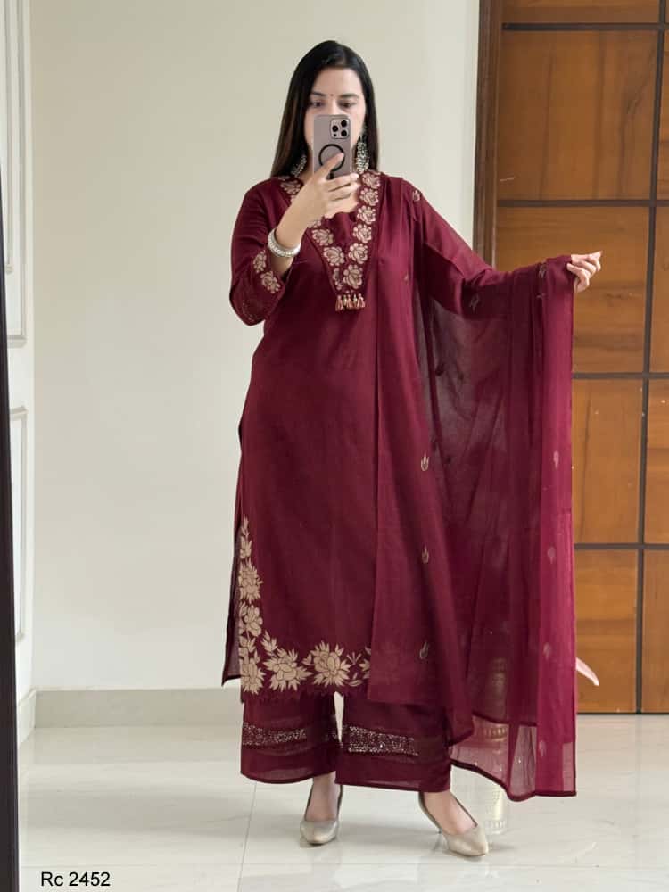 Women Maroon Cotton Embroidery GPO Lace Kurta Pant and Dupatta set