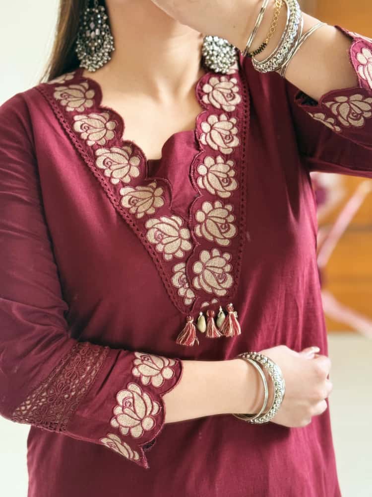 Women Maroon Cotton Embroidery GPO Lace Kurta Pant and Dupatta set