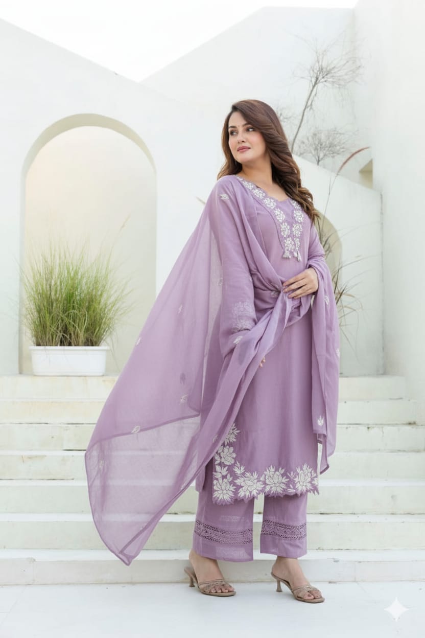 Women Lavender Cotton Embroidery GPO Lace Kurta Pant and Dupatta set