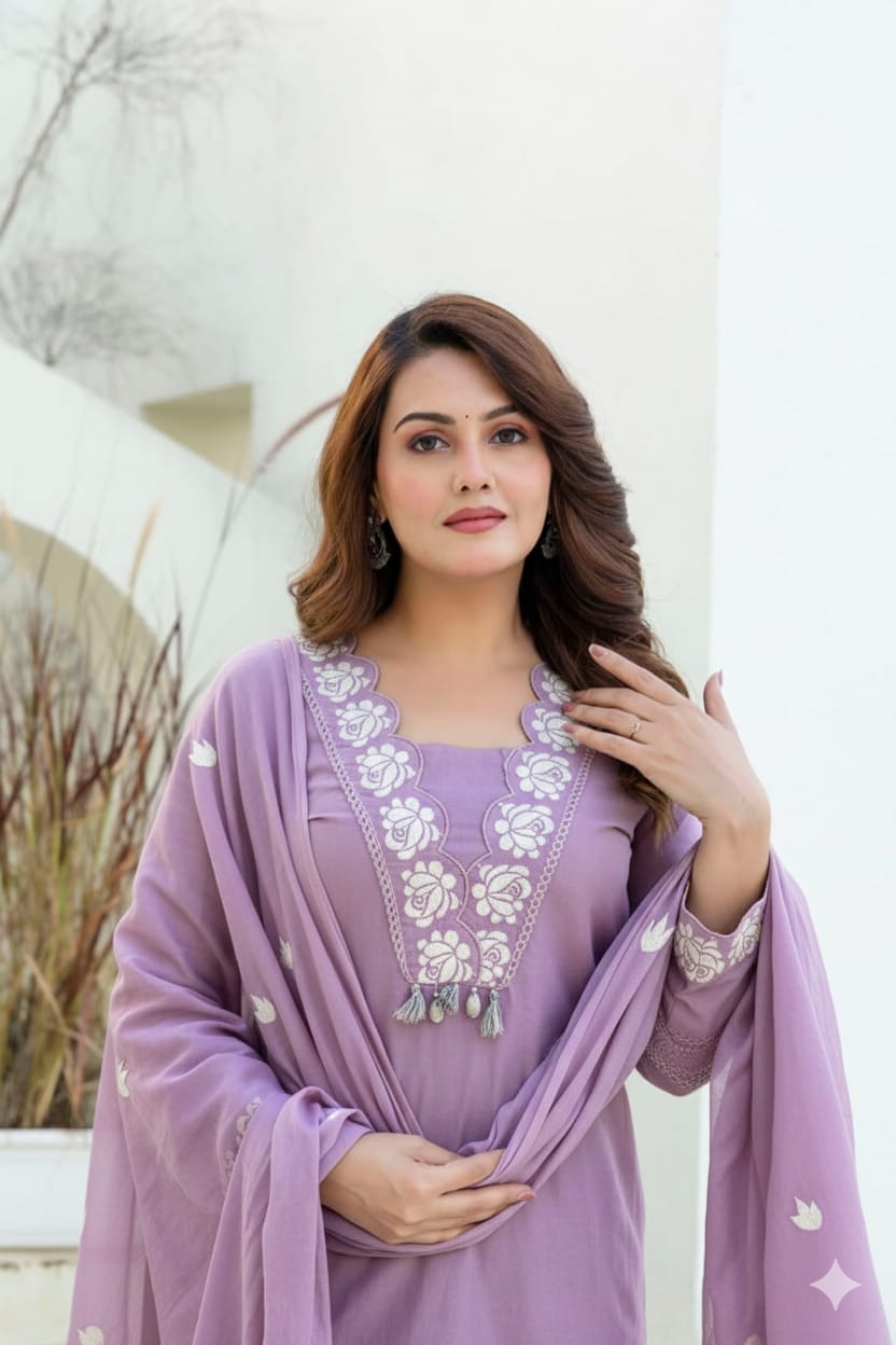 Women Lavender Cotton Embroidery GPO Lace Kurta Pant and Dupatta set