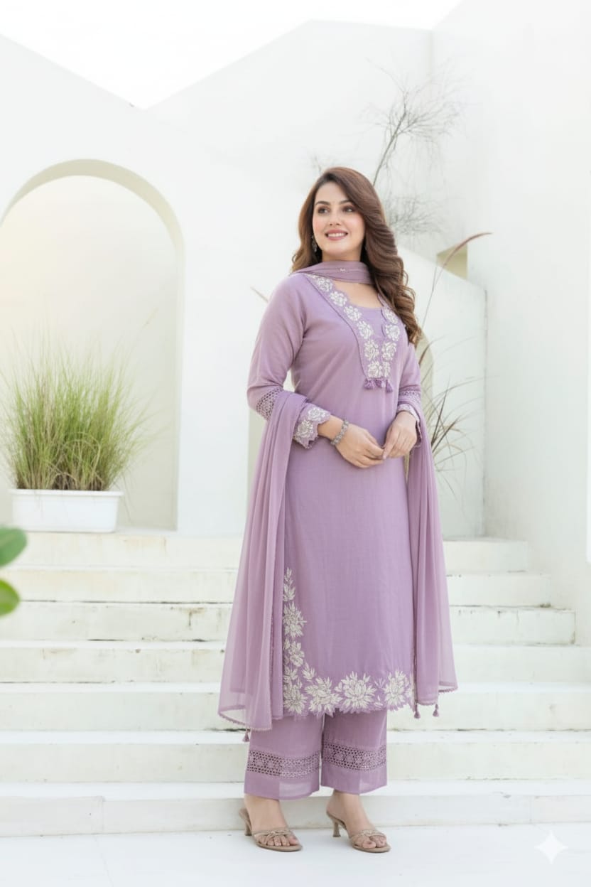 Women Lavender Cotton Embroidery GPO Lace Kurta Pant and Dupatta set