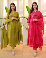 Women Pink Cotton Embroidery Kurta Pant and Dupatta set