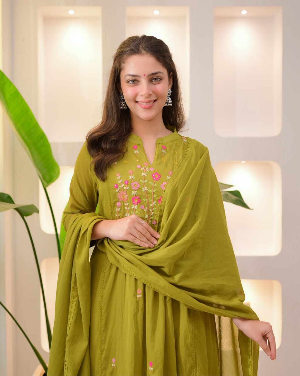 Women Green Cotton Embroidery Kurta Pant and Dupatta set