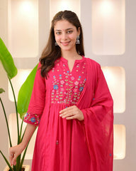 Women Pink Cotton Embroidery Kurta Pant and Dupatta set