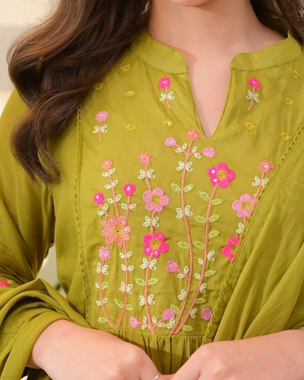 Women Green Cotton Embroidery Kurta Pant and Dupatta set