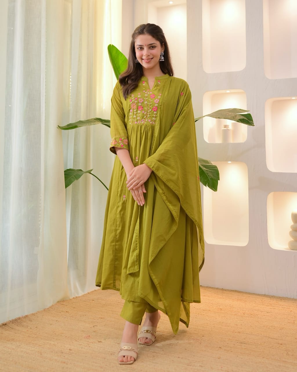Women Green Cotton Embroidery Kurta Pant and Dupatta set