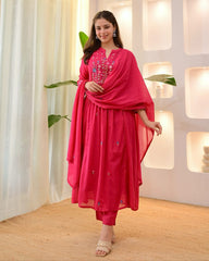 Women Pink Cotton Embroidery Kurta Pant and Dupatta set