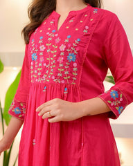 Women Pink Cotton Embroidery Kurta Pant and Dupatta set