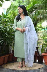 Women Green Cotton Manual Embroidery Kurta Pant and Dupatta set