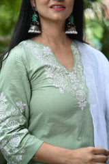 Women Green Cotton Manual Embroidery Kurta Pant and Dupatta set