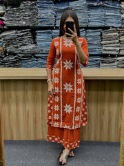 Women Orange Cotton Star Katha Work Kurta Pant and Dupatta set