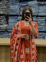 Women Orange Cotton Star Katha Work Kurta Pant and Dupatta set