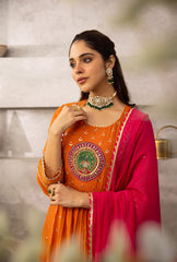Women Orange Cotton Hans Embroidery Kurta Pant and Dupatta set
