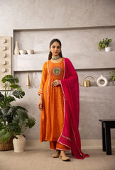 Women Orange Cotton Hans Embroidery Kurta Pant and Dupatta set