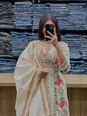 Women Cream Cotton Adda work Kurta Pant and Dupatta set