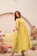 Women Yellow Cotton Embroidery Kodi Lace Kurta Pant and Dupatta set