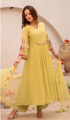 Women Yellow Cotton Embroidery Kodi Lace Kurta Pant and Dupatta set