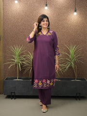 Women Purple Cotton Neck Embroidery Kurta Pant set