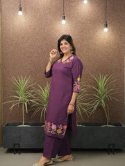 Women Purple Cotton Neck Embroidery Kurta Pant set