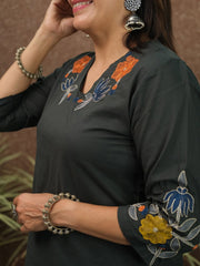 Women Black Cotton Neck Embroidery Kurta Pant and Dupatta set