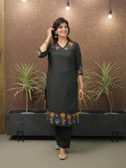 Women Black Cotton Neck Embroidery Kurta Pant and Dupatta set