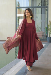 Women Red Cotton Deep Neck Anarkali Kurta Pant and Dupatta set