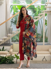 Women Maroon Cotton Original Patch Kurta Pant and Dupatta set