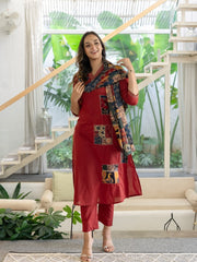 Women Maroon Cotton Original Patch Kurta Pant and Dupatta set