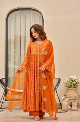 Women Orange Cotton Embroidery Discharge Print Kurta Pant and Dupatta set