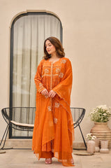Women Orange Cotton Embroidery Discharge Print Kurta Pant and Dupatta set