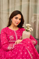 Women Pink Cotton Embroidery Discharge Print Kurta Pant and Dupatta set