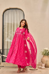 Women Pink Cotton Embroidery Discharge Print Kurta Pant and Dupatta set