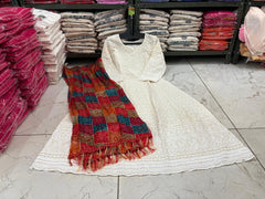 Women White Cotton Chikankari Gown and Bandhez dupatta set