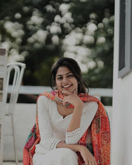 Women White Cotton Chikankari Gown and Bandhez dupatta set